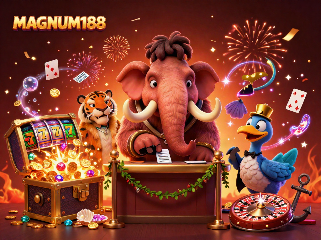 Experience the vibrant energy of MAGNUM188, where a cartoon woolly mammoth bouncer checks IDs amid a lively casino scene.
