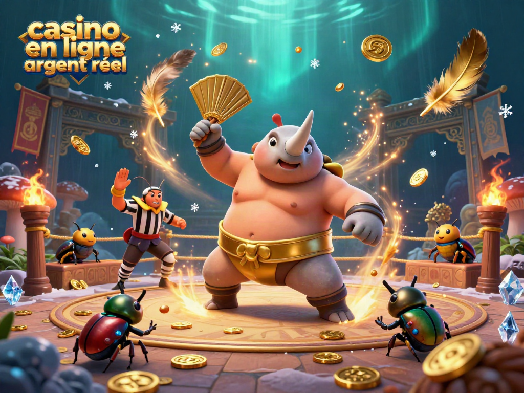 Jouez à des jeux de casino en ligne argent réel avec une illustration dynamique d'un combat de rhinocéros scarabée.