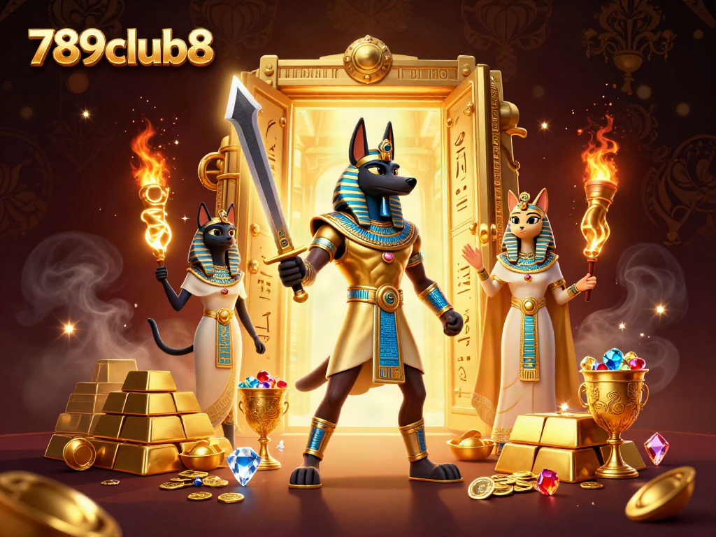 Win big with 789club8 in a vibrant casino scene featuring Anubis and Bastet.