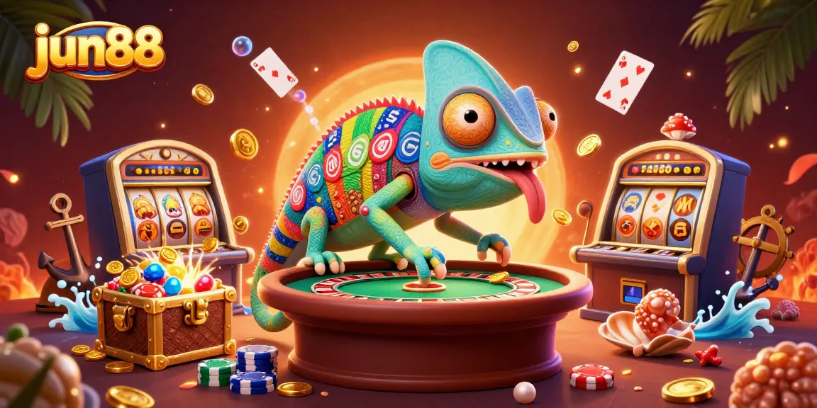 Experience thrilling games at jun88 with a vibrant chameleon casino scene featuring dynamic slot symbols.
