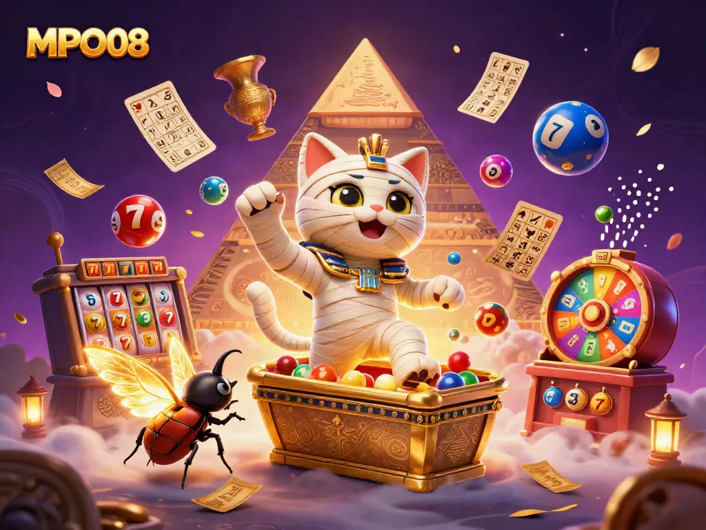 MPO08 brings excitement to players with a vibrant 3D casino scene featuring a cartoon mummy cat and dynamic slot games.