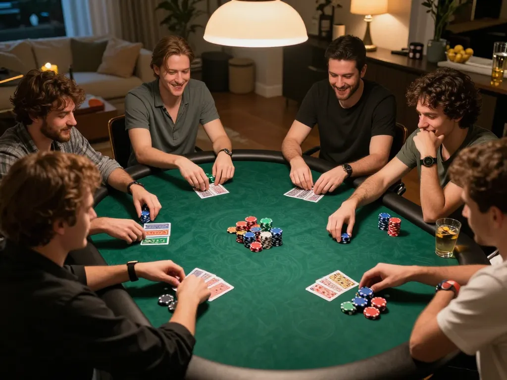 Players engage in a thrilling poker game at home, showcasing fly 88 strategies amidst laughter and camaraderie.