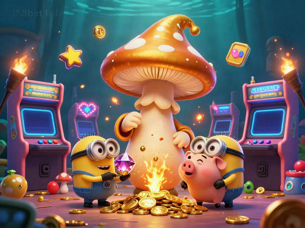 Experience the magical 188bet link through a vibrant cartoon scene filled with gold and treasures in a 3D arcade.