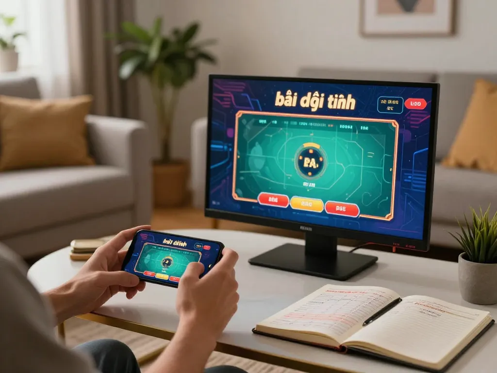 Enjoying game bài đổi thưởng with live dealer game on smartphone in a cozy setting