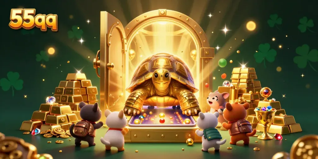 Experience thrilling gameplay and massive rewards at 55qq with golden treasures and a cartoonish pinball tortoise.
