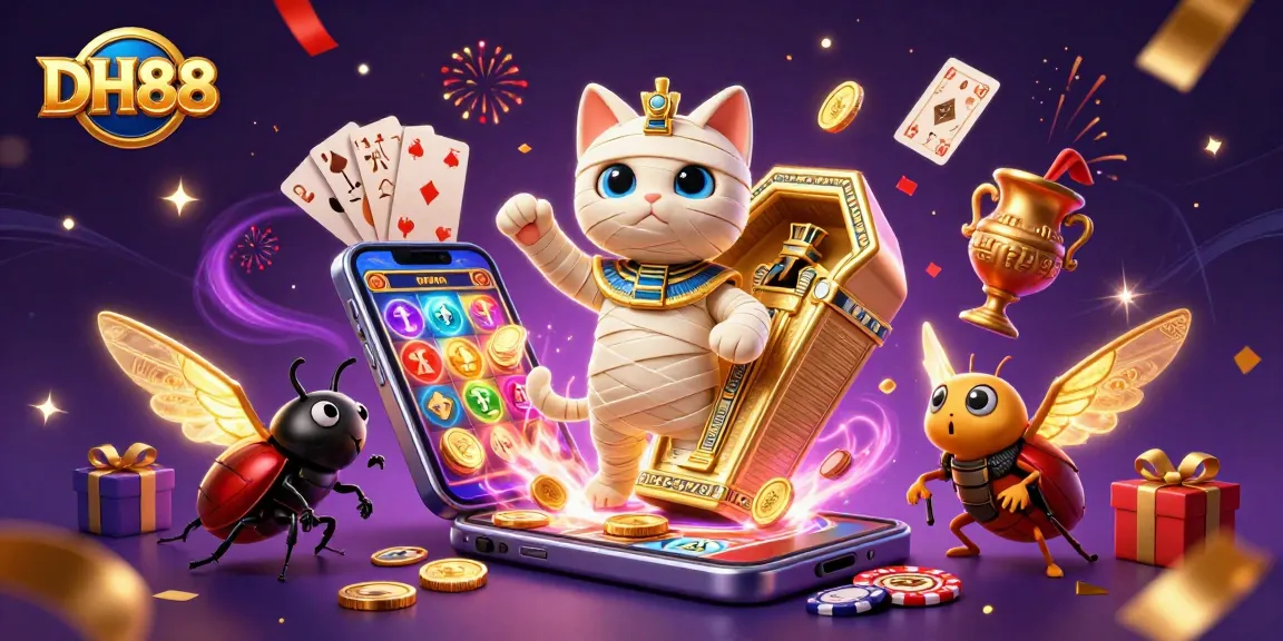 Spin to win big with DH88 featuring an Egyptian mummy cat and casino gaming elements.