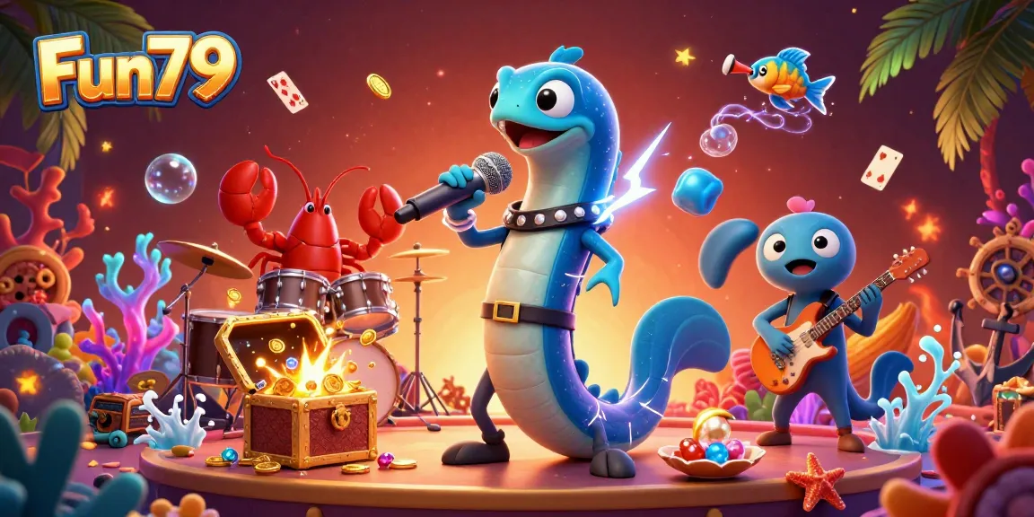 Experience thrilling gameplay at Fun79, featuring an electric eel DJ, colorful underwater casino elements, and dynamic action.