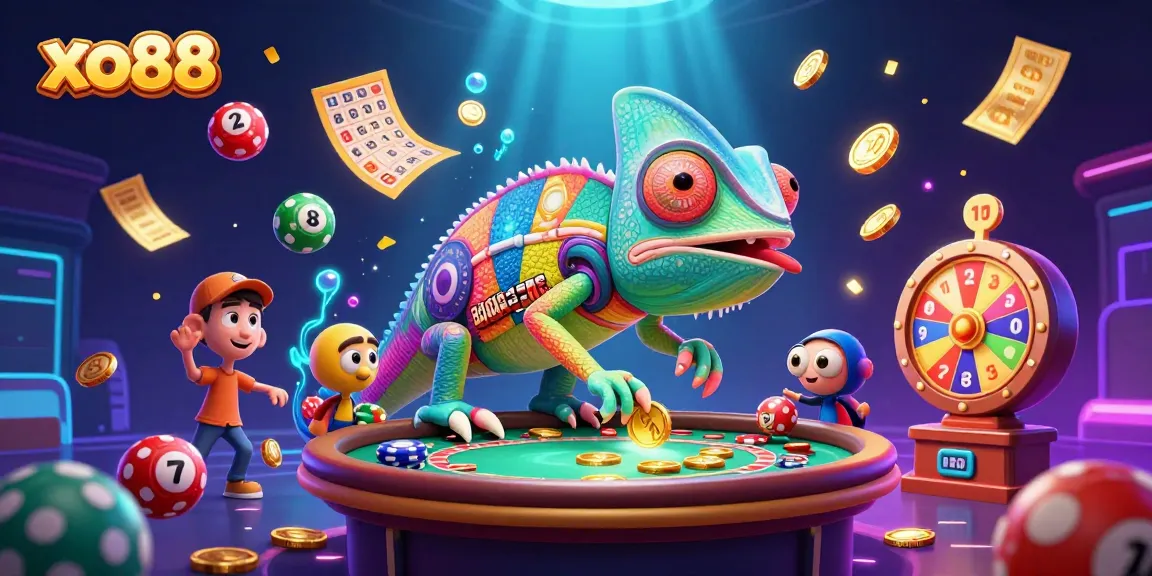 Experience thrilling gameplay at xo88 with a lively illustration of a chameleon casino owner and casino elements.