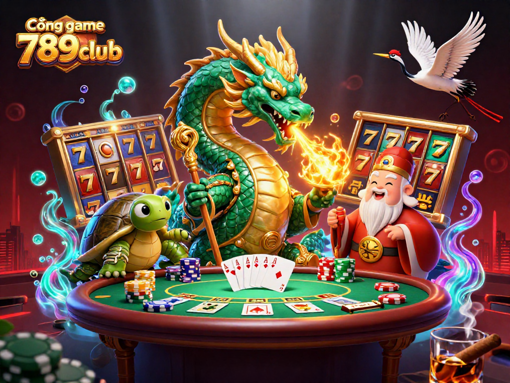 Cổng game 789club mang đến trải nghiệm hoàn hảo với hình ảnh rồng ngọc bích và các biểu tượng may mắn trên bàn chơi.