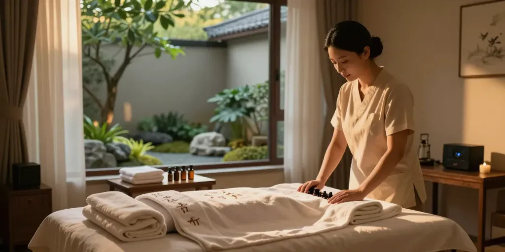 주안출장안마 session in a tranquil wellness room with soothing ambient lighting and calming decor.
