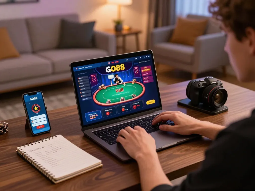 Engaged user playing GO88 casino games online, showcasing excitement and strategic gameplay in a cozy home setting.