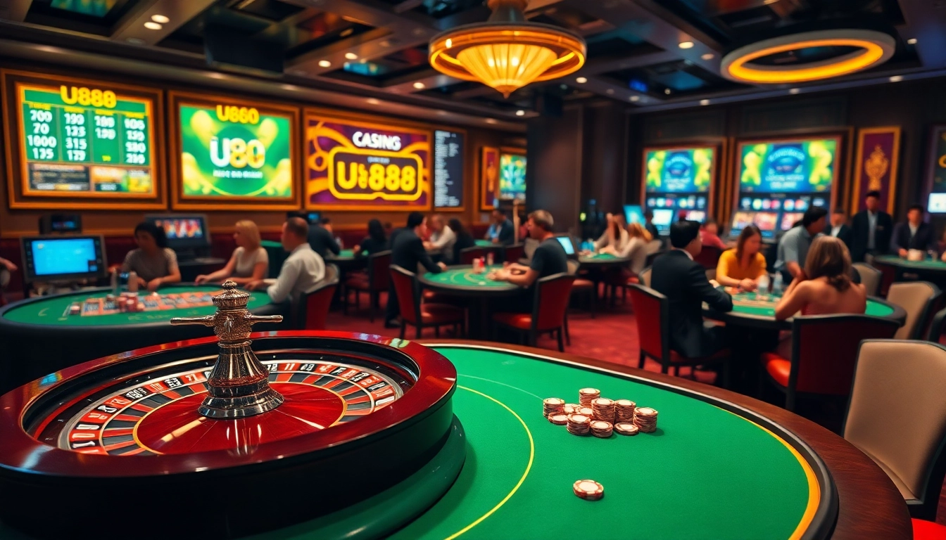 Experience the excitement of U888 casino with vibrant gaming tables and poker chips.