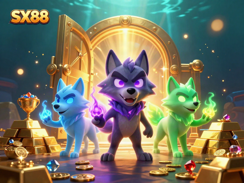 Experience the thrill of winning at SX88 with a captivating 3D illustration showcasing mystical wolves and opulent treasures