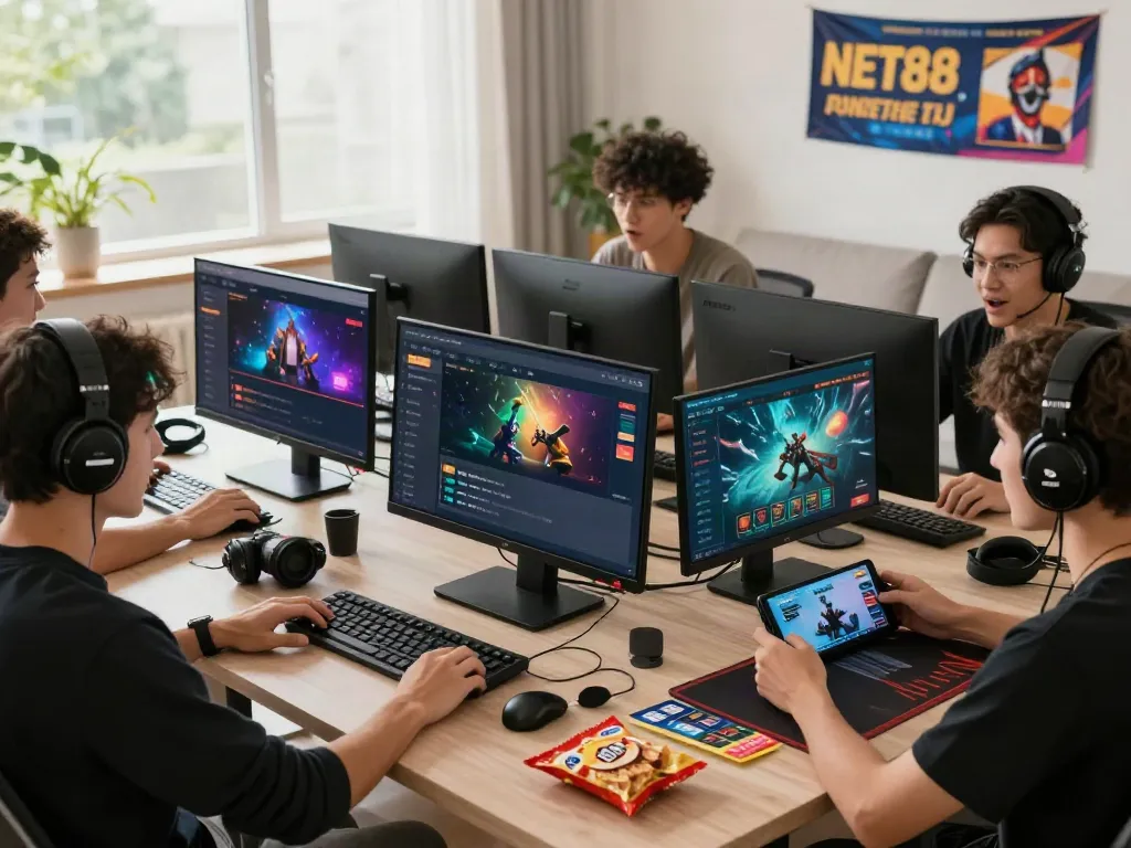 Players enjoying a thrilling online gaming session on NET88 with vibrant graphics and promotional materials.