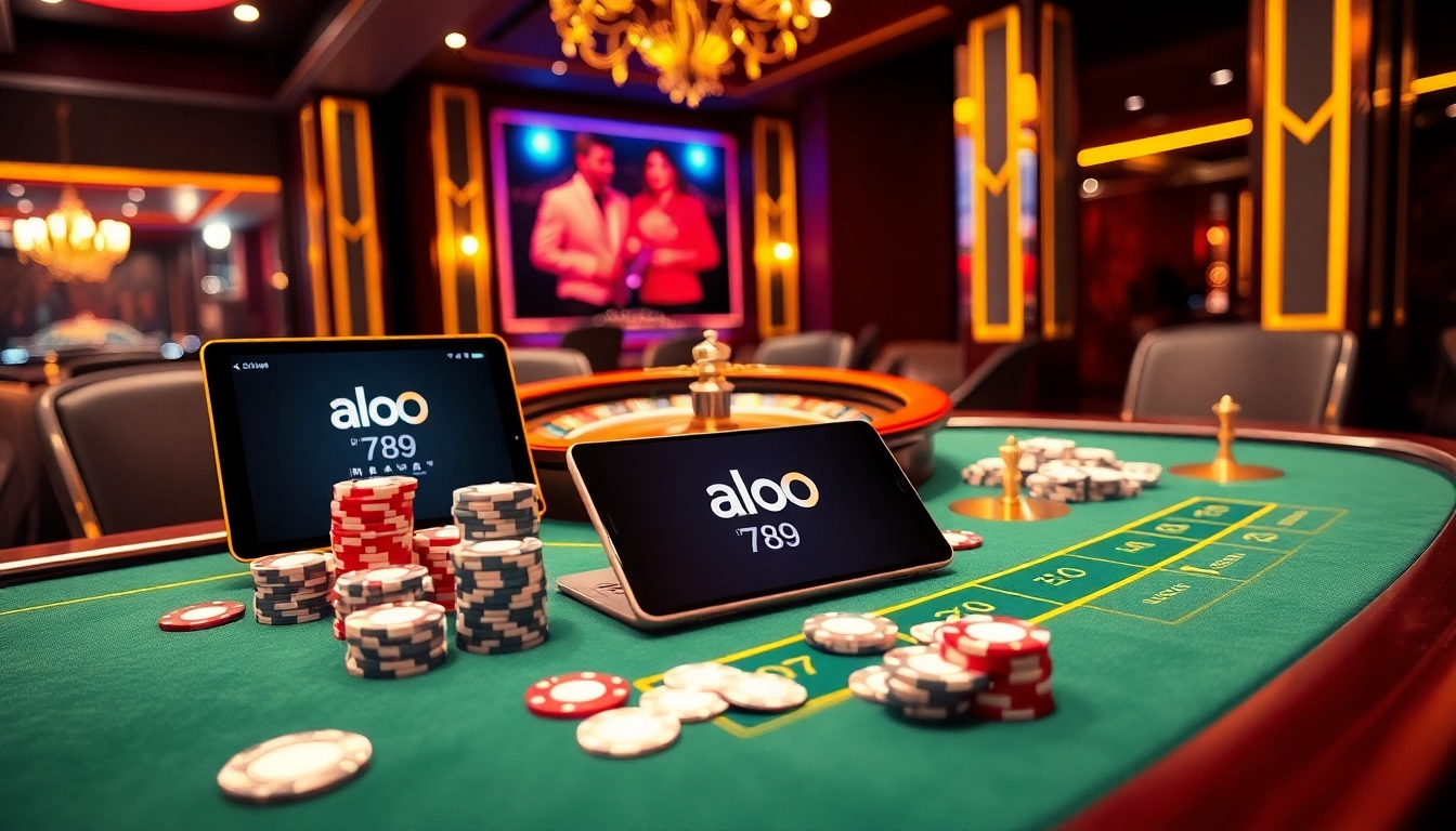 A vibrant casino scene showcasing alo 789 gaming with poker chips, cards, and roulette wheel in a luxurious setting.