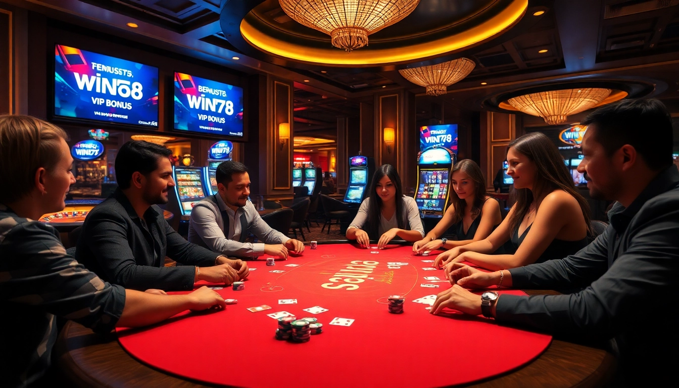 Excited players enjoy luxury gaming at win678 vip casino tables with chips and cards.