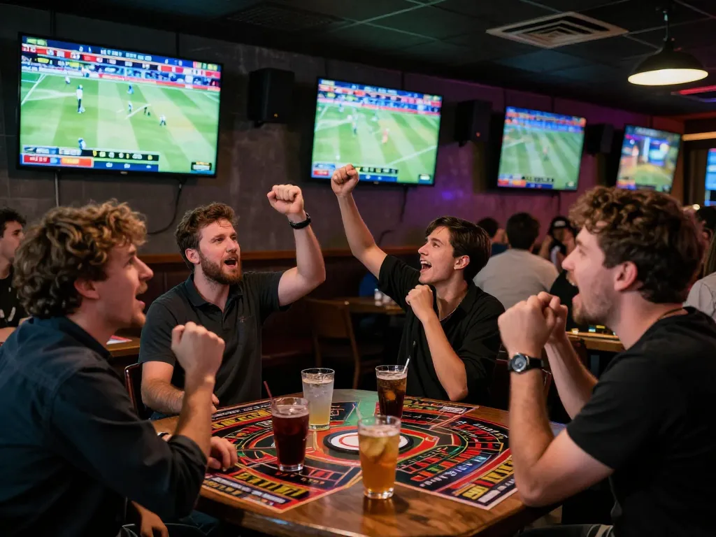 Watch excited bettors engage with cm88-vn during a lively sports event in a vibrant setting.