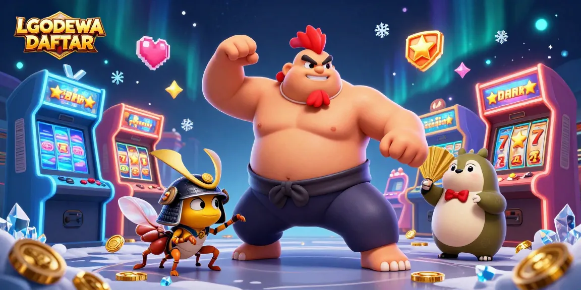 Engage in thrilling gameplay at LGODEWA DAFTAR with the energetic sumo wrestler, fierce samurai cricket, and tanuki announcer amidst vibrant casino visuals.