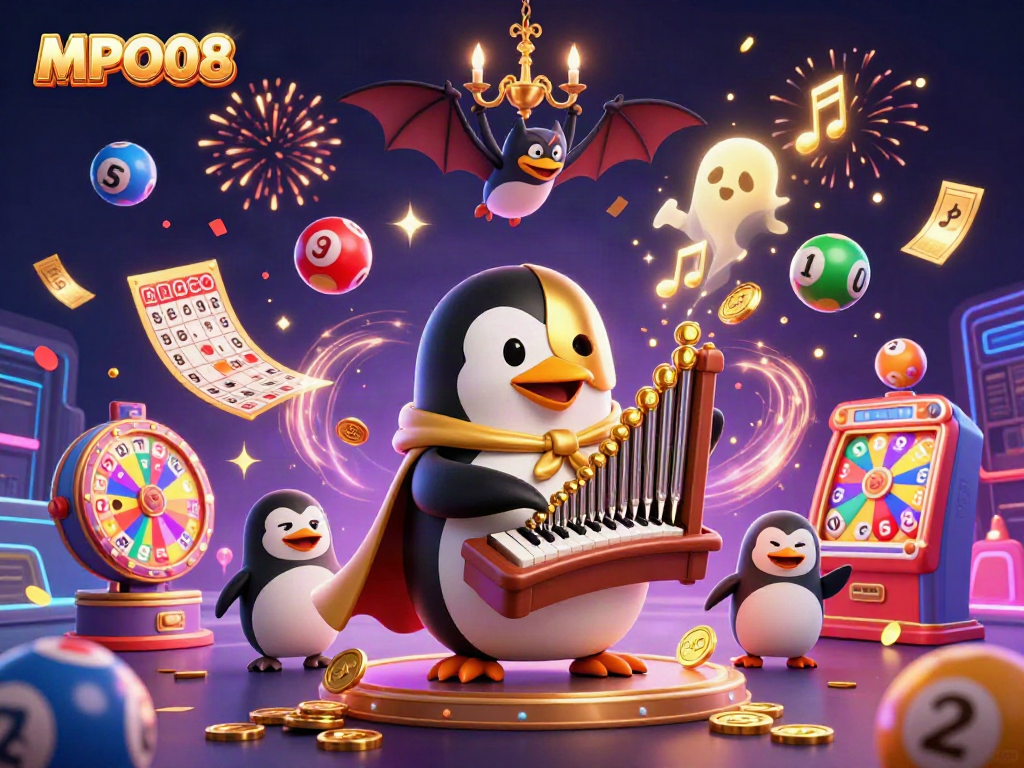 MPO08 engages players with a vibrant scene of a penguin playing a pipe organ, shooting coins amidst lottery balls.