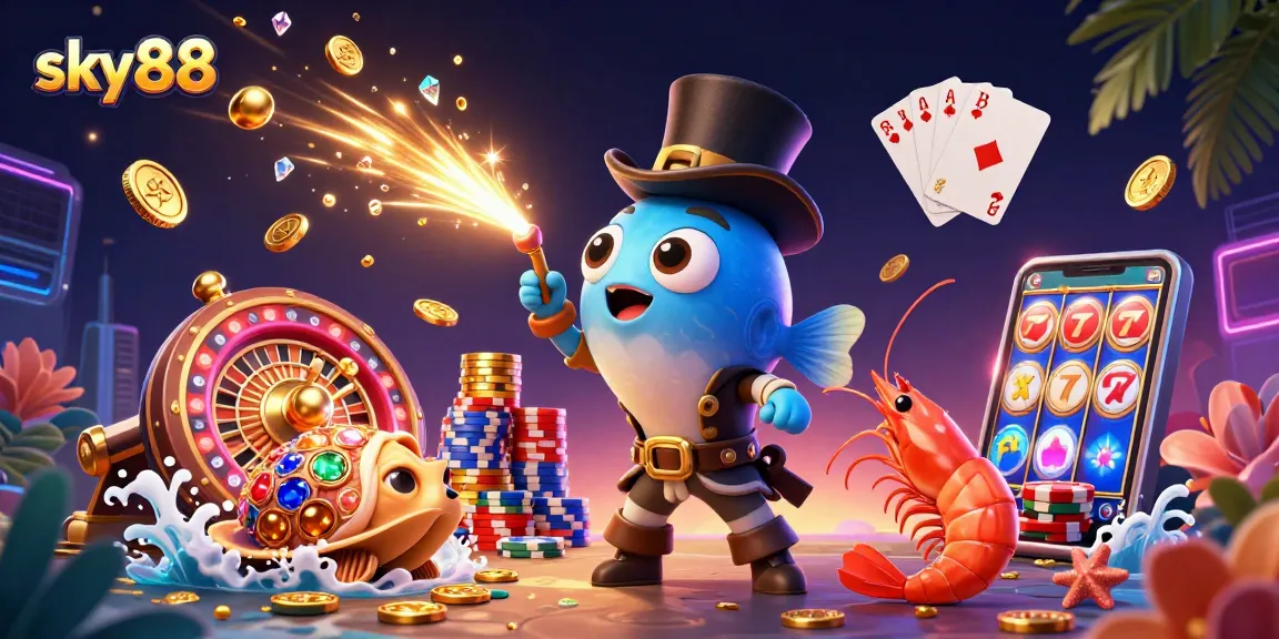 Sky88 engages players with thrilling casino action featuring golden coins, roulette, and vibrant characters.