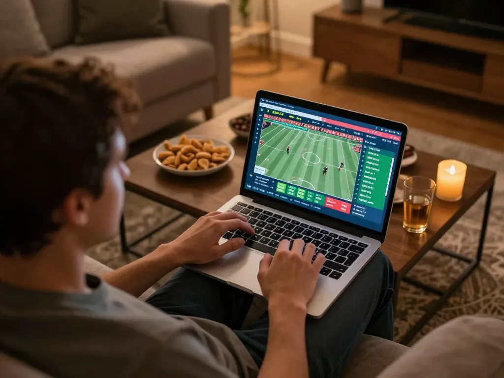 Scena coinvolgente di scommesse sportive su laptop, incentrata su siti scommesse non AAMS in un accogliente ambiente domestico