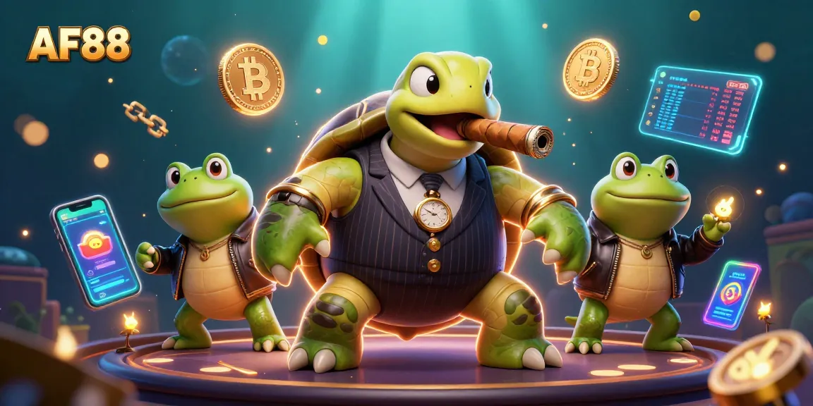 Engage with AF88 as a massive snapping turtle enjoys the game surrounded by vibrant casino elements.