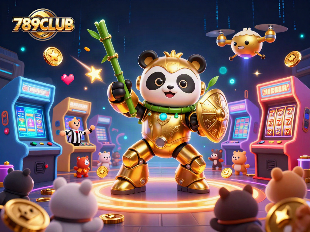 Experience the vibrant action of 789CLUB with a mech-suit panda battling in a casino arcade arena.