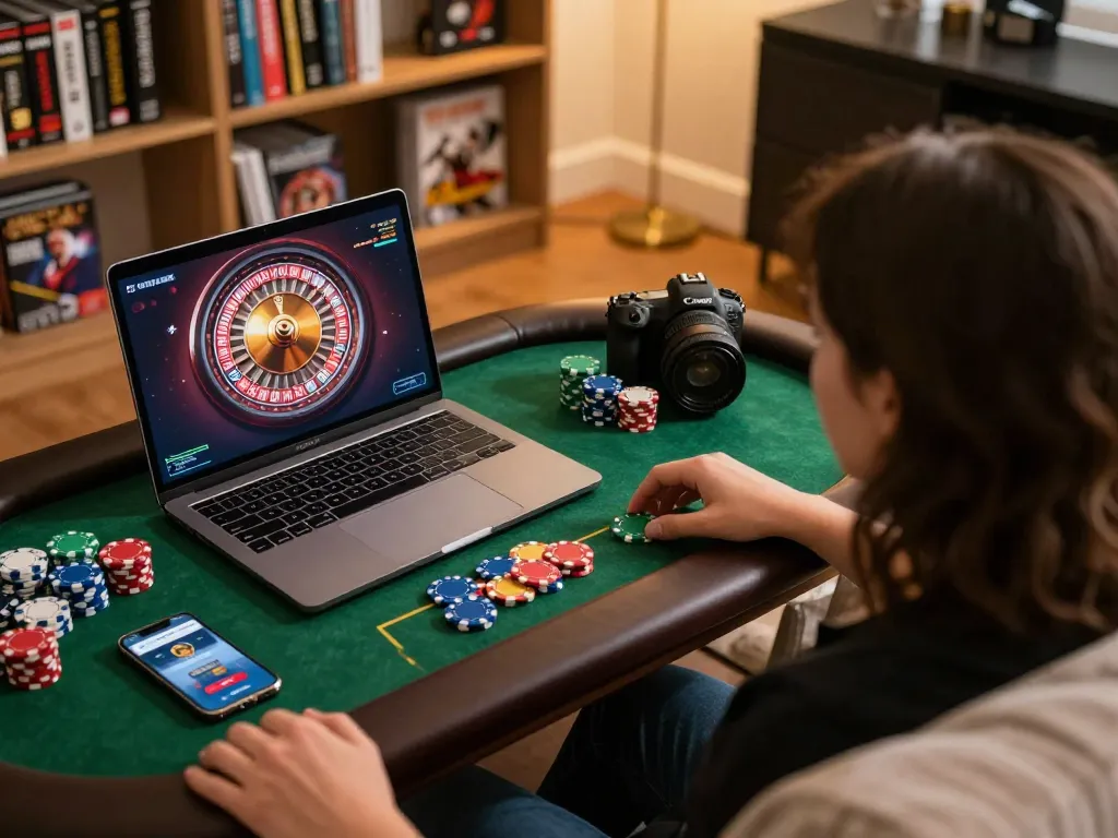 Enjoying online casino gaming with nhà cái tặng tiền on laptop and chips on table