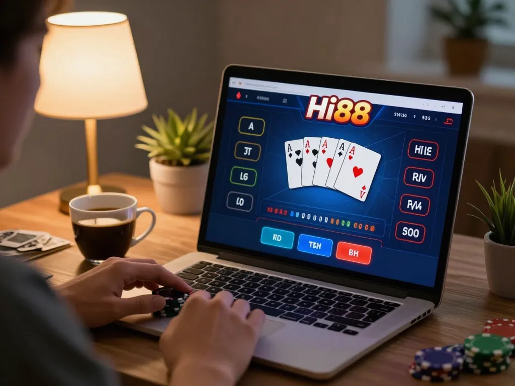 Player enjoying an online poker game with Hi88 on a laptop in a cozy home setting