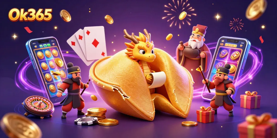 Experience exciting games at Ok365 with a colorful slot game, golden coins, and fun characters.