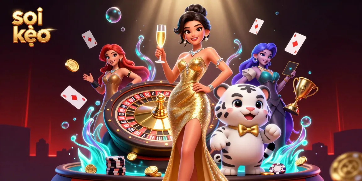 Soi kèo sports betting scene featuring glamorous woman with champagne beside a lucky tiger cub with poker elements.