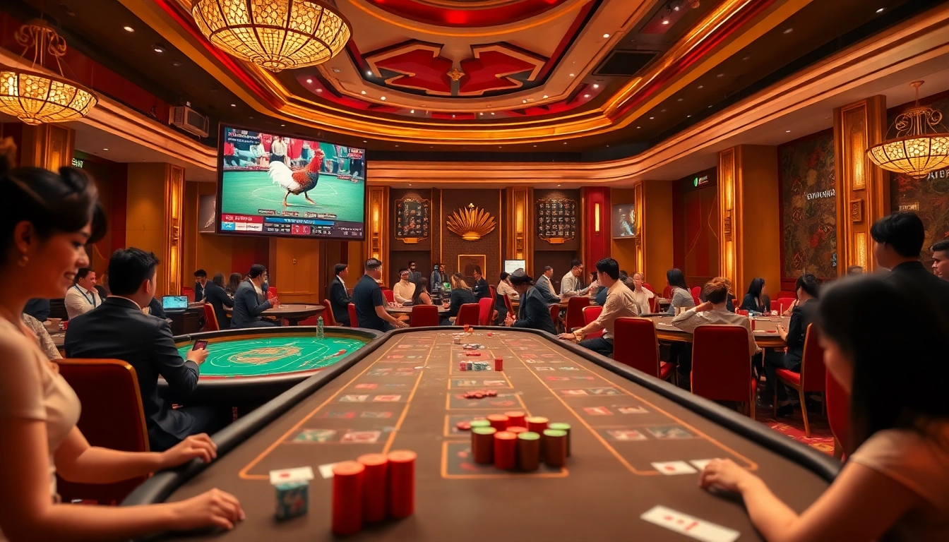 BJ88 đá gà live-streaming action with professional casino tables featuring chips and cards.