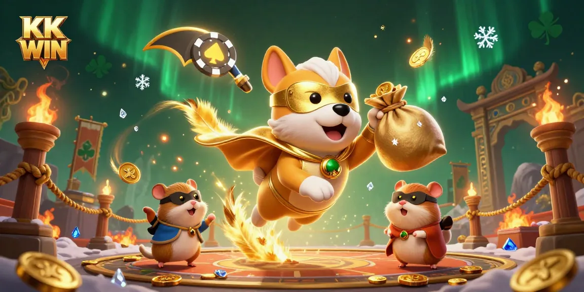 KK WIN showcases a superhero dog and hamster in dynamic casino action, surrounded by exciting game elements.