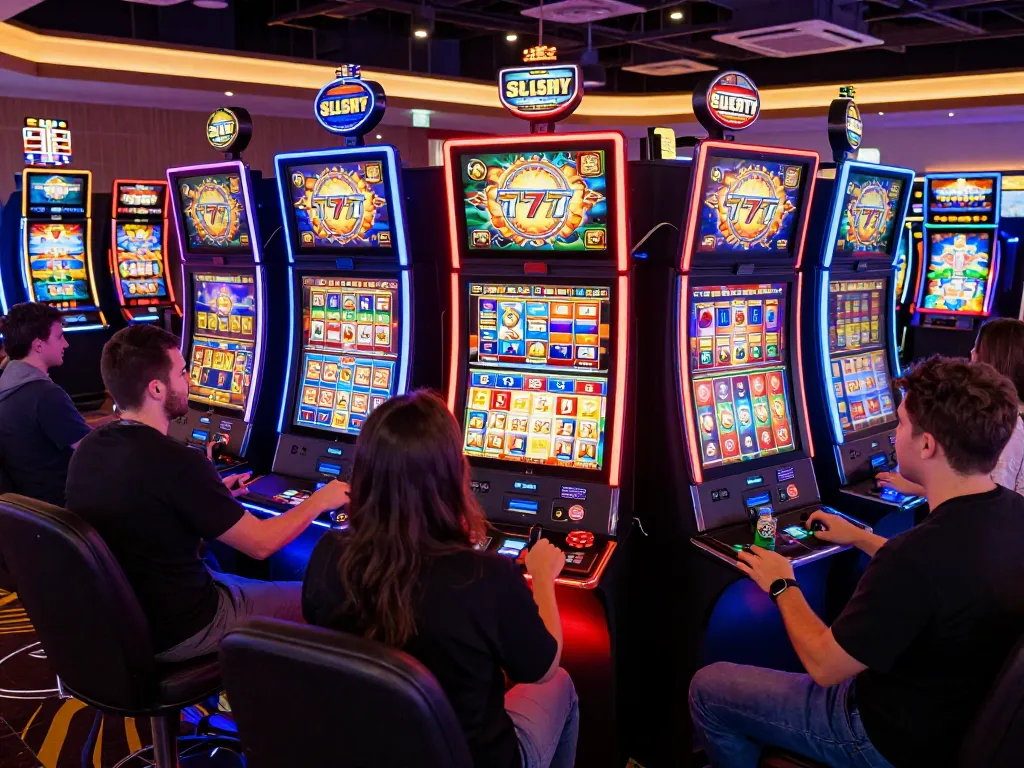 SLOT777 players enjoying colorful slot machines on a vibrant casino floor filled with excitement.