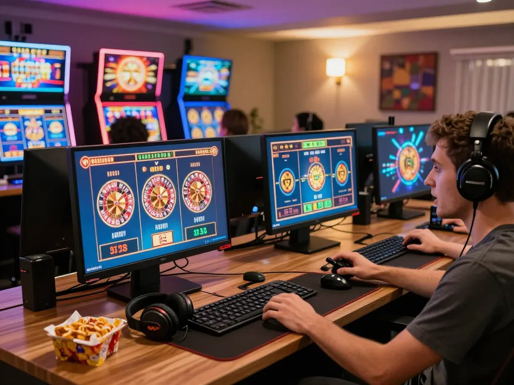 Player engaging in online casino gaming on multiple screens, exploring s666 slots and roulette games.