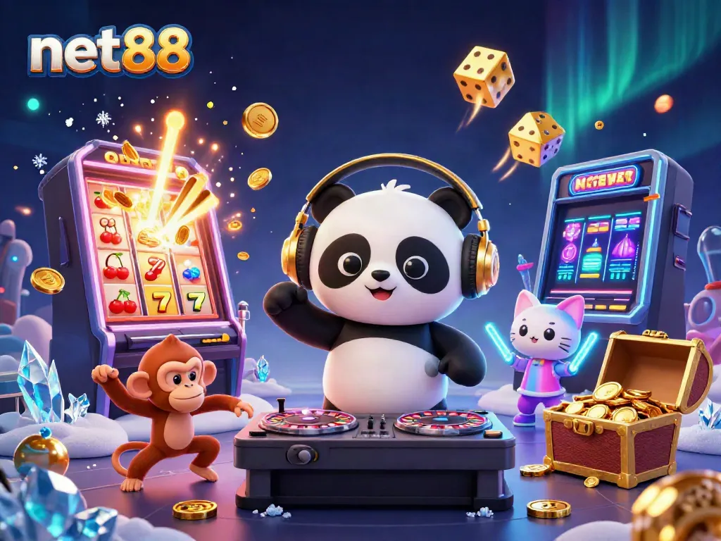 Experience thrilling wins with net88's vibrant 3D casino-themed illustration featuring lively characters and a jackpot explosion.