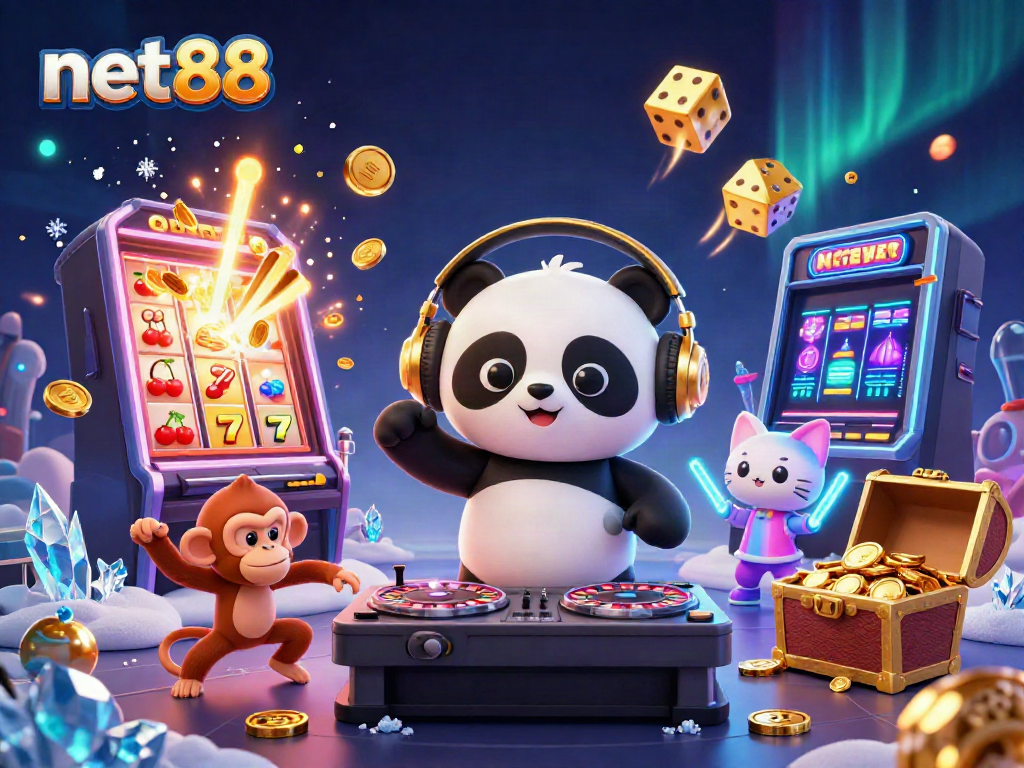 Experience thrilling wins with net88's vibrant 3D casino-themed illustration featuring lively characters and a jackpot explosion.