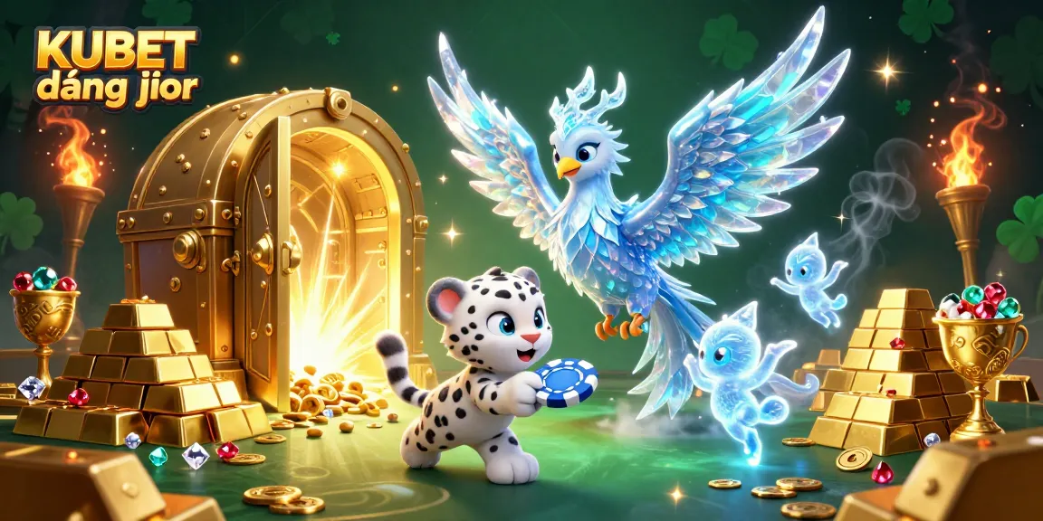 KUBET đăng nhập features a vibrant 3D scene with an ice phoenix, poker chip, and treasures illustrating exciting gaming.