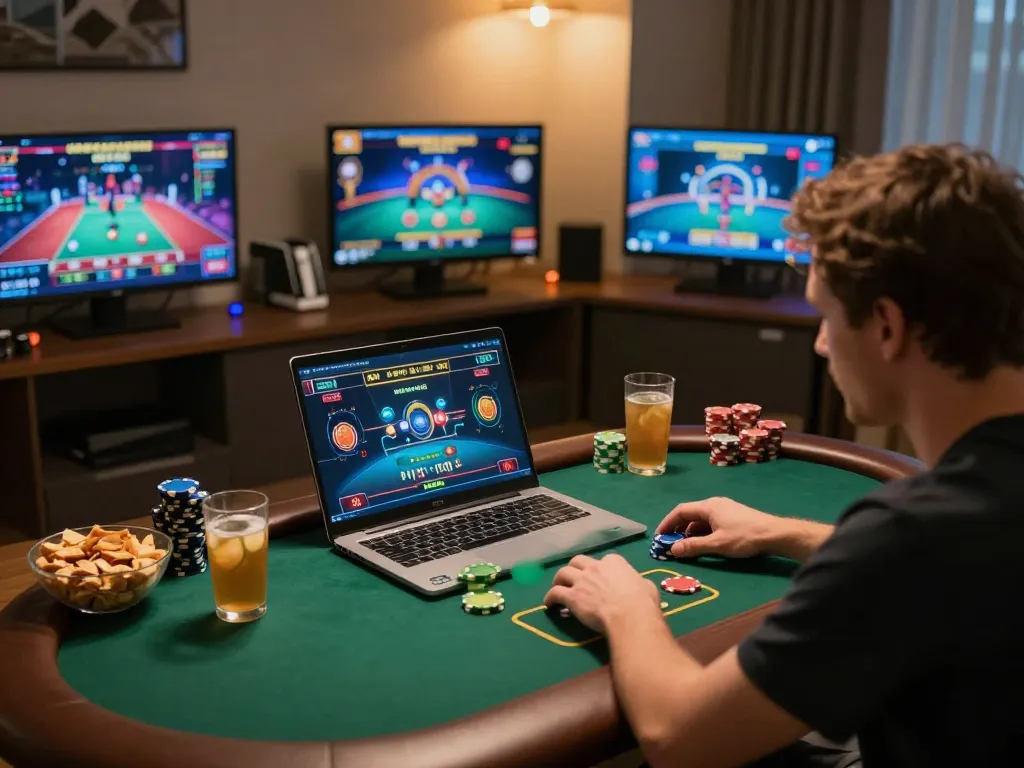 vin88 player strategizing at home while enjoying an online poker game.