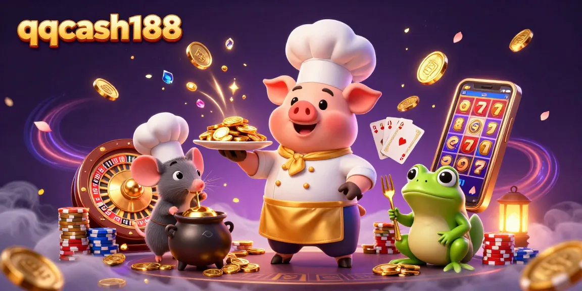 Experience the thrill of qqcash188 with a golden casino scene featuring diverse characters and slots.