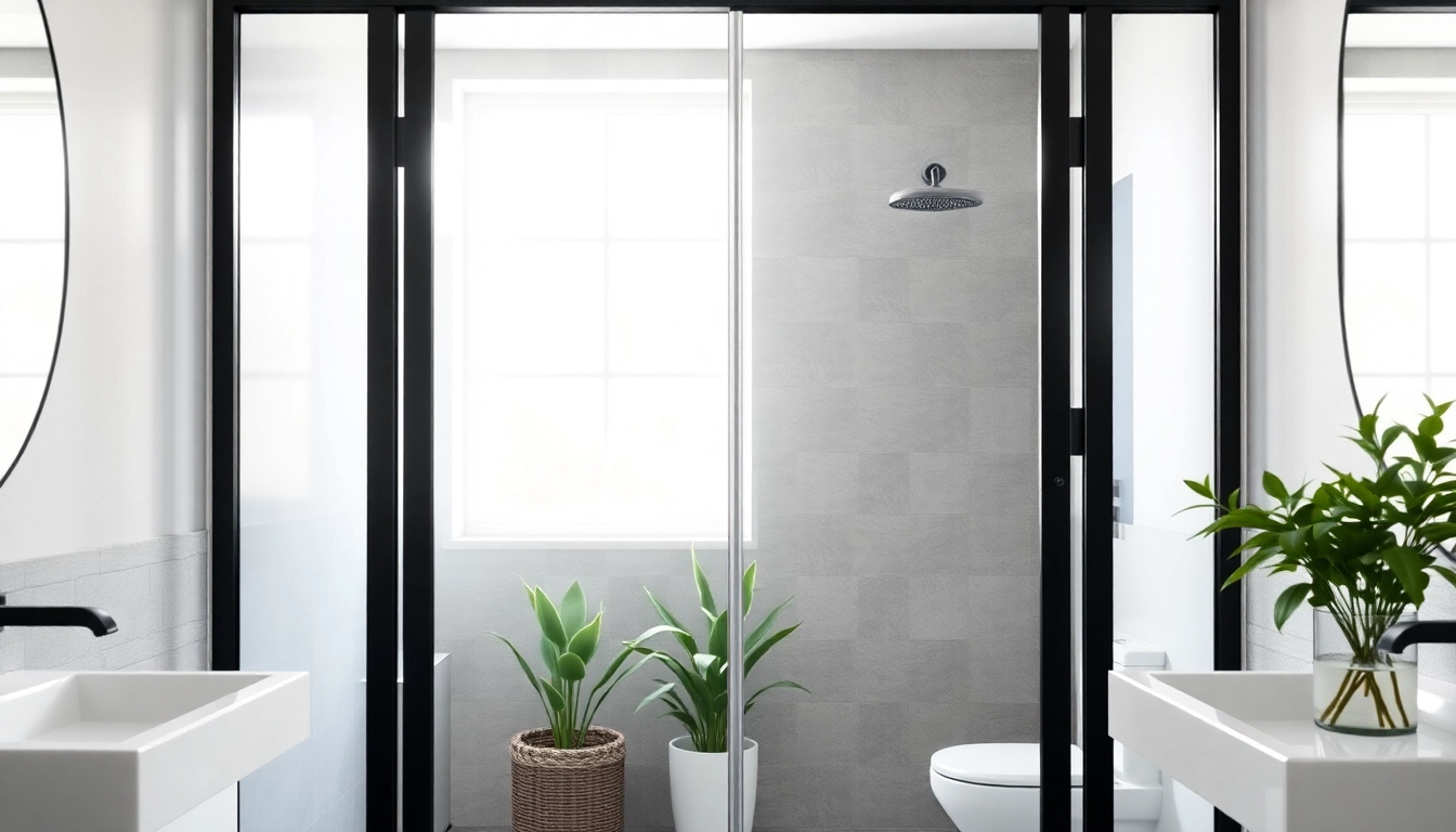 Showcasing black frame shower doors with elegant design in a modern bathroom setting.