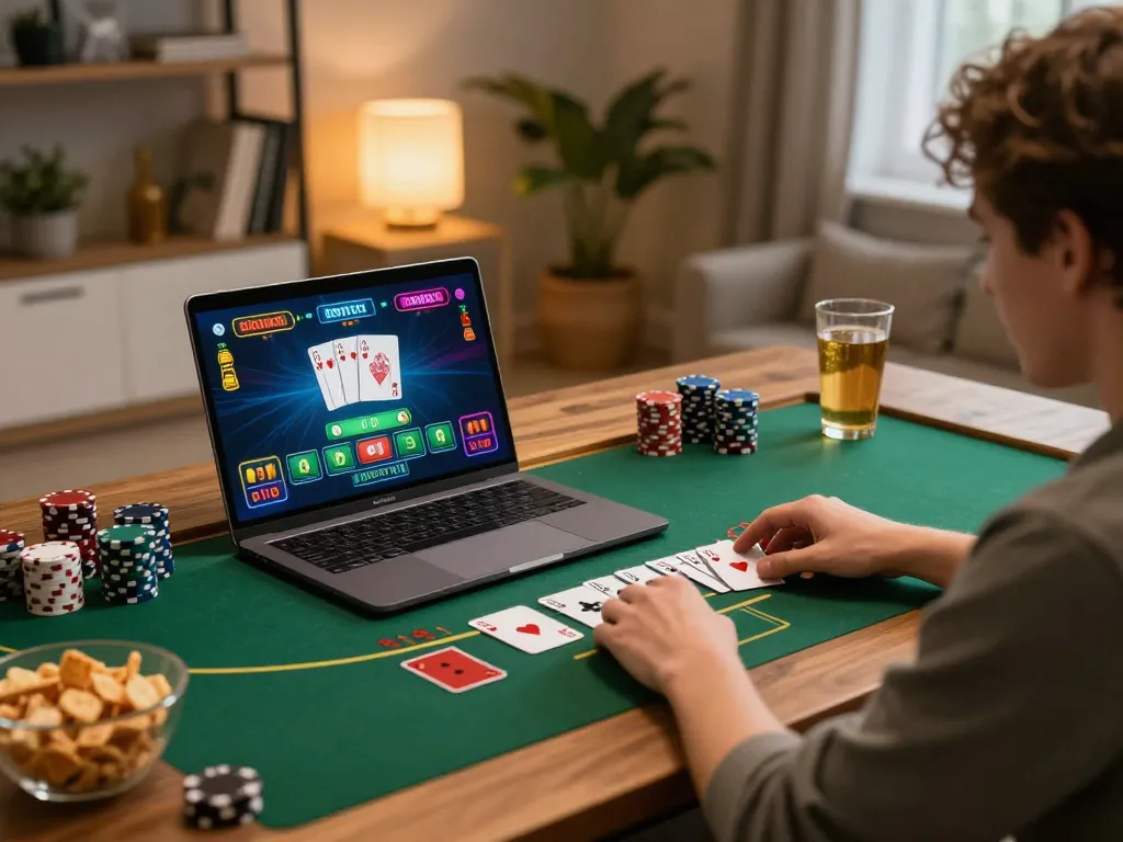 33winn player engaging in intense online blackjack game on cozy home setup with snacks.