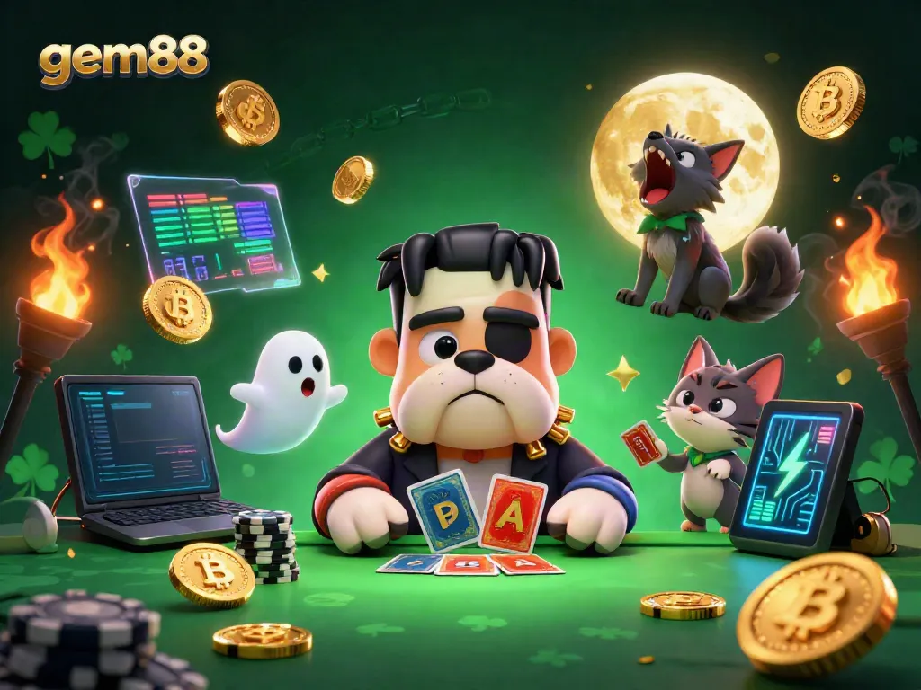 Experience gem88's thrilling poker night with a Frankenstein bulldog dealer and ghostly mouse in this vibrant illustration.