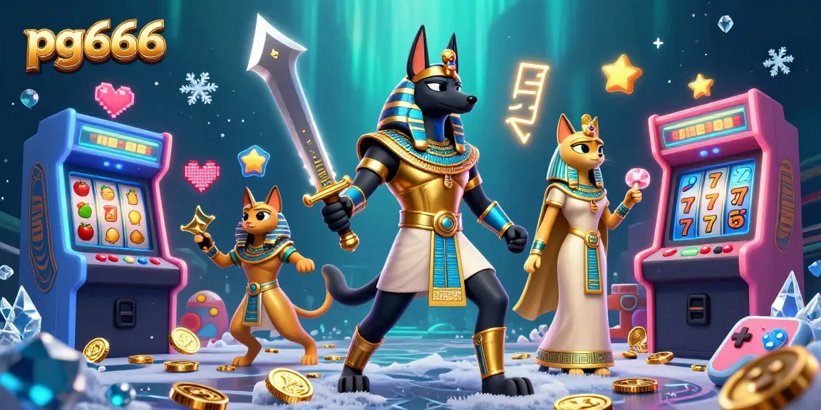 Experience thrilling gaming at pg666 with the vibrant Egyptian warrior and Bastet amidst abundant casino elements.