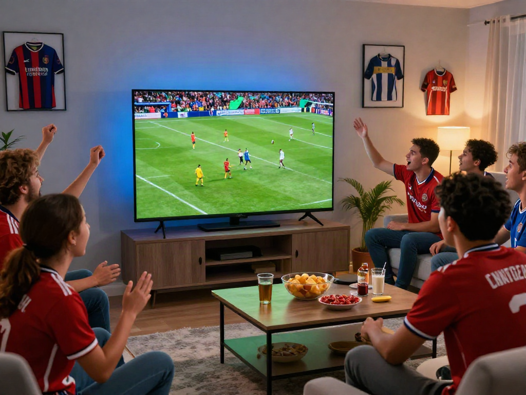 Excited fans enjoying live football on https://xoilactvx.me/ in a cozy living room.