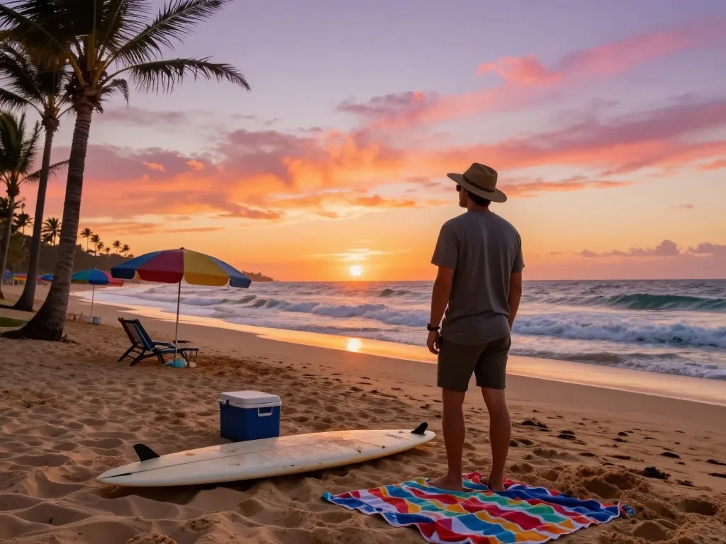 Adventurer at a beautiful Australian beach during sunset, surrounded by palm trees and surfboards.