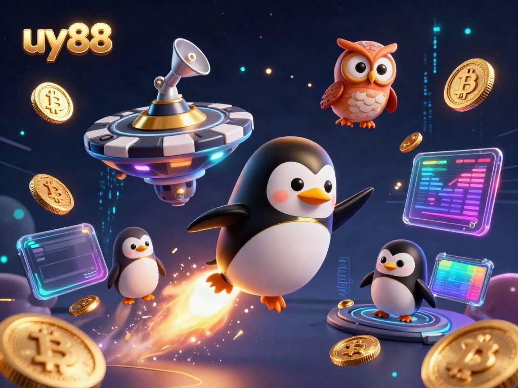 Experience the excitement at uy88 with a dynamic 3D illustration featuring a golden penguin soaring towards a vibrant casino.