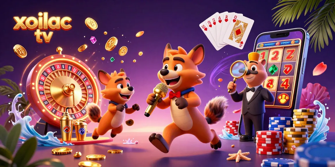 Xoilac TV offers live sports betting experience with vibrant visuals and engaging characters in a dynamic casino scene.