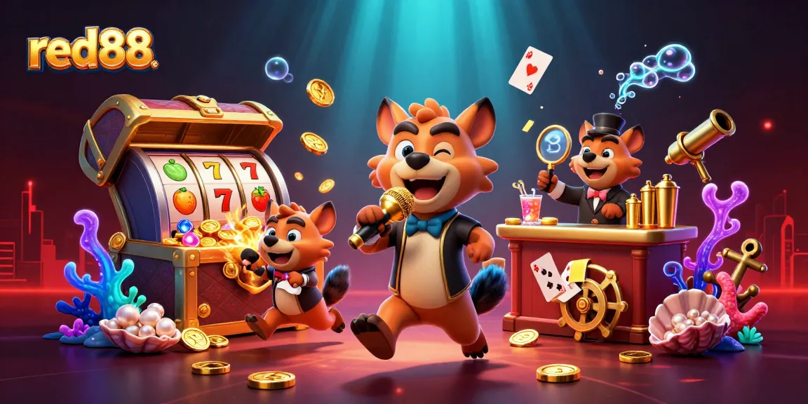 Experience thrilling gaming at red88 with hyena characters enjoying slots and cocktails.