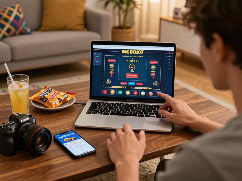 Person engaging in online betting at lu88.com, showing casino games and live dealers in cozy home setting.